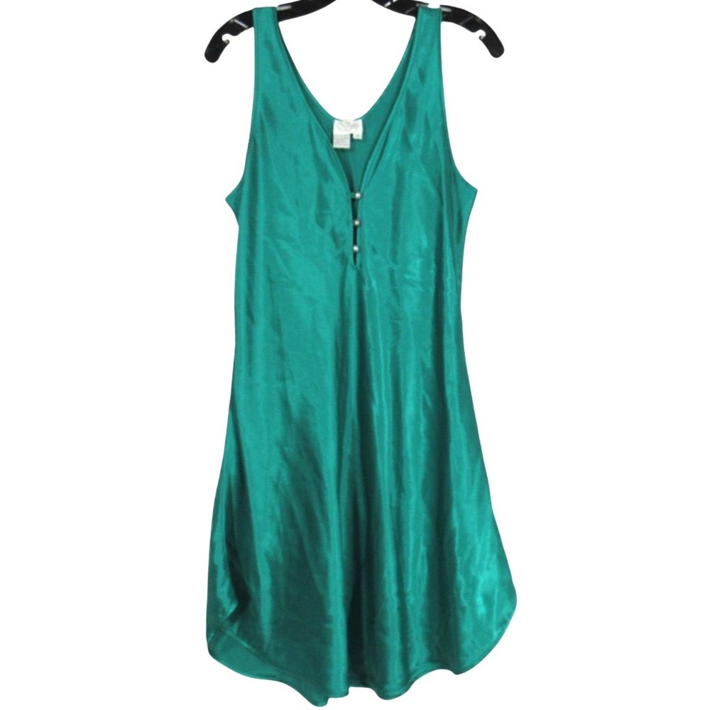 VTG GO SOFTLY Green SATIN BIAS CUT Pearl Buttons Lounge GOWN NIGHTGOWN CHEMISE M